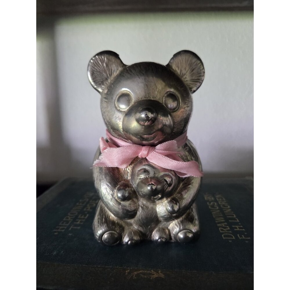Vintage Leonard Silver Plated Teddy Bear Coin Bank Nursery Decor 5" Baby Gift